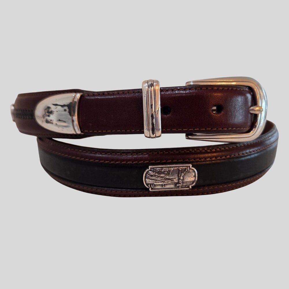 Onyx By Brighton Mens Size 42 Belt Brown & Black‎ Leather Golf Scenes Golf Belt
